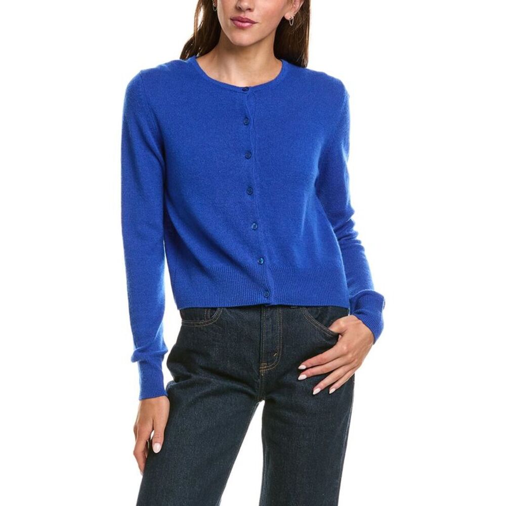 Forte Cashmere Womens Basic Cropped Button 100% Cashmere Cardigan, Blue